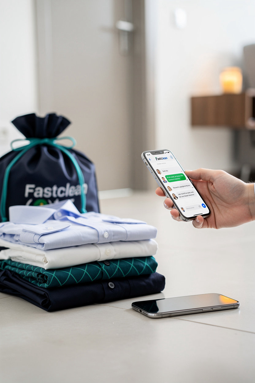 Fastclean Qatar هاتف وكيس ملابس نظيفة جاهز للتوصيل لغسيل وكي وتنظيف جاف في الدوحة